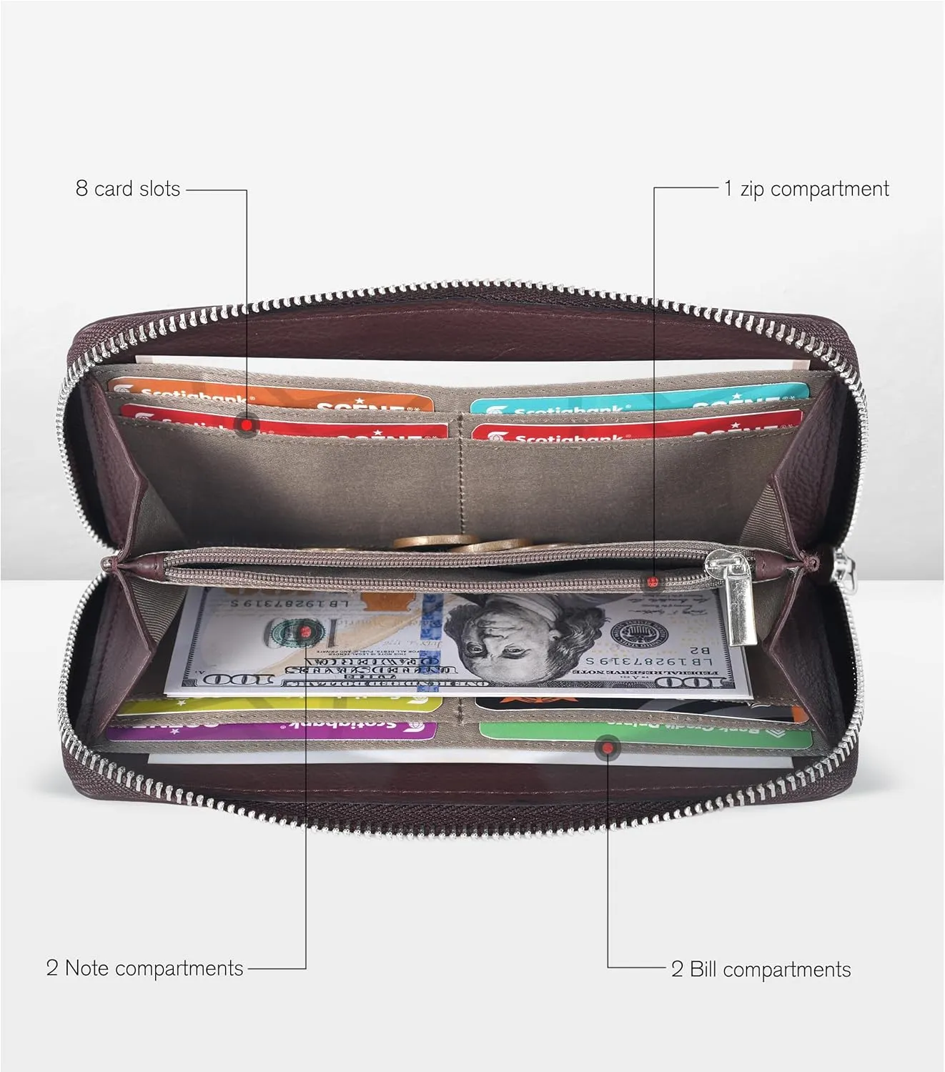 Oak Leathers Ladies Wallet for Women - RFID Womens Wallet Clutch with 8 Credit Card Holder, Coin Pocket, Gift for Women’s Brown Purse