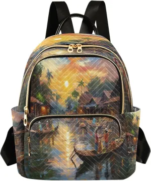 Old Village River Backpack Purse for Women Fashion Small Mini Daypack Purse for Lady Anti-theft Shoulder Bag with Double Zipper Weekend Bag