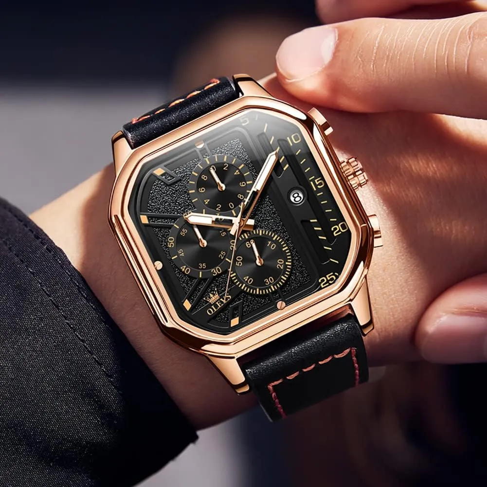 OLEVS Square Watches for Men Brown Leather Chronograph Fashion Business Watch Luminous Waterproof Casual Wrist Watches