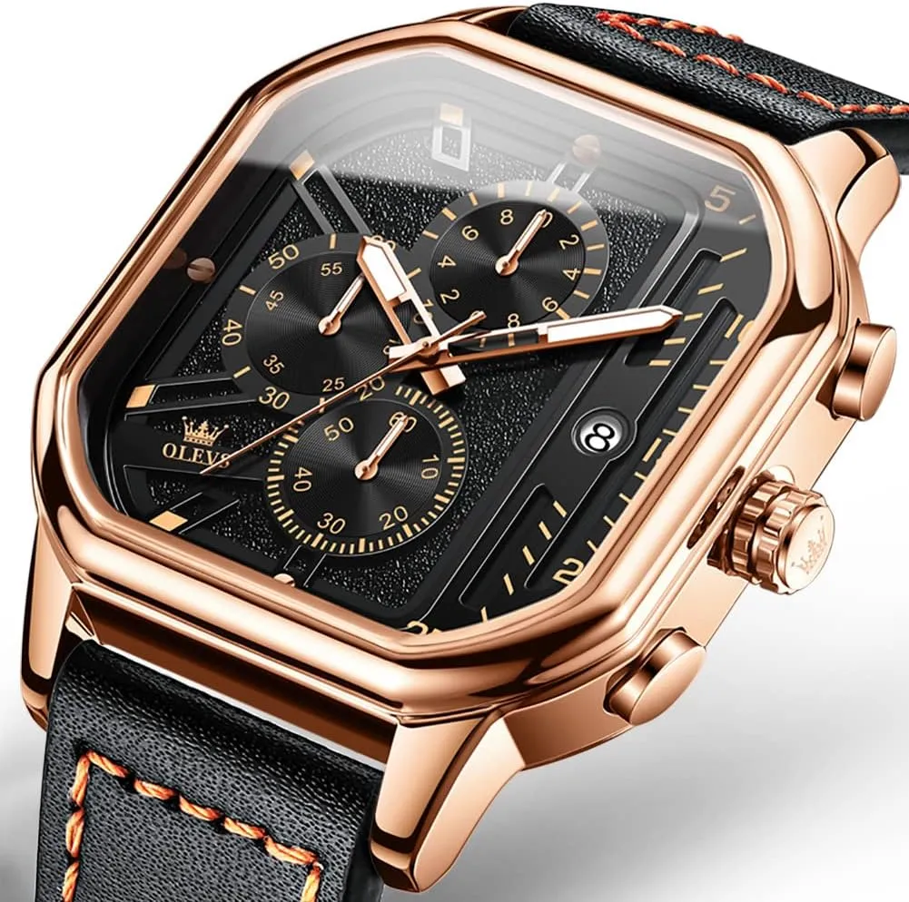 OLEVS Square Watches for Men Brown Leather Chronograph Fashion Business Watch Luminous Waterproof Casual Wrist Watches