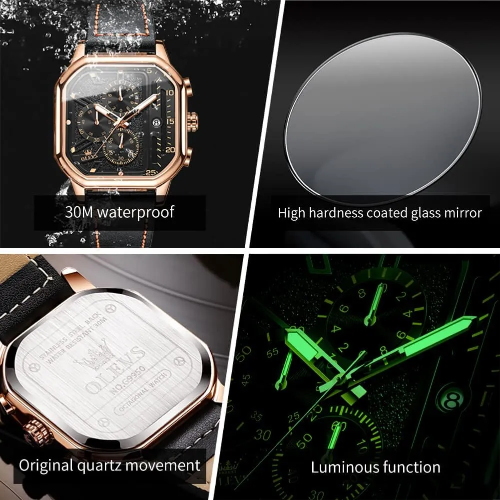 OLEVS Square Watches for Men Brown Leather Chronograph Fashion Business Watch Luminous Waterproof Casual Wrist Watches