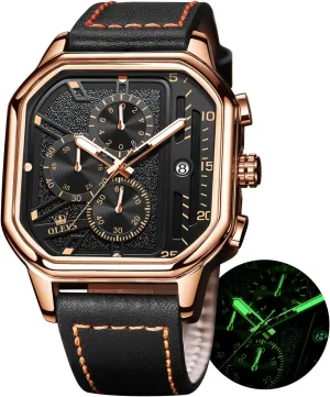 OLEVS Square Watches for Men Brown Leather Chronograph Fashion Business Watch Luminous Waterproof Casual Wrist Watches