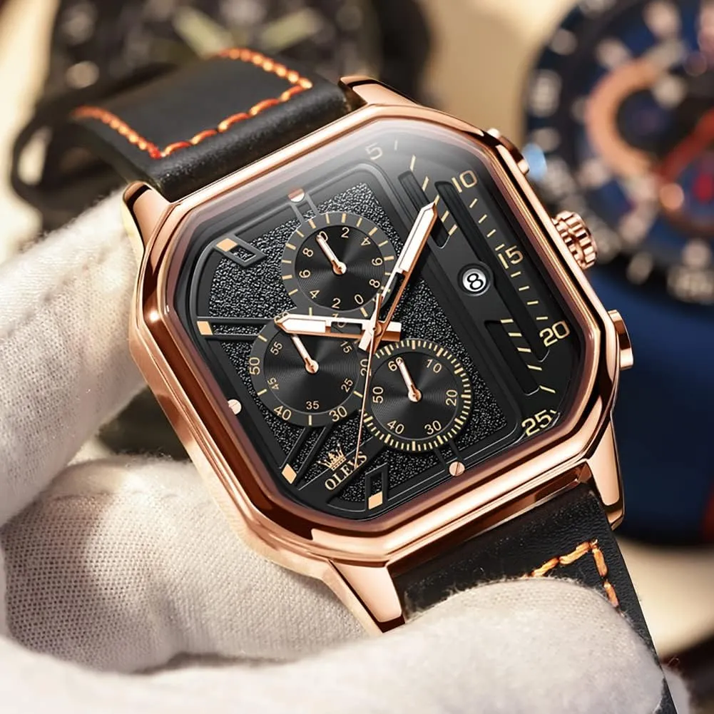 OLEVS Square Watches for Men Brown Leather Chronograph Fashion Business Watch Luminous Waterproof Casual Wrist Watches