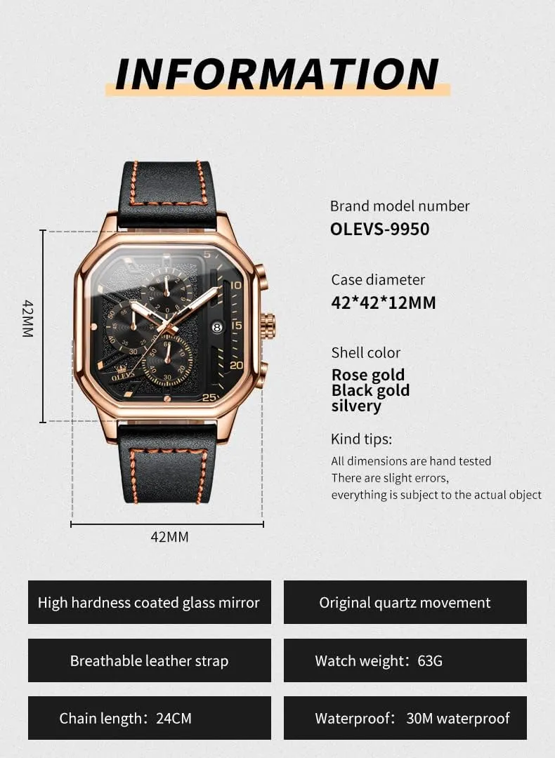 OLEVS Square Watches for Men Brown Leather Chronograph Fashion Business Watch Luminous Waterproof Casual Wrist Watches