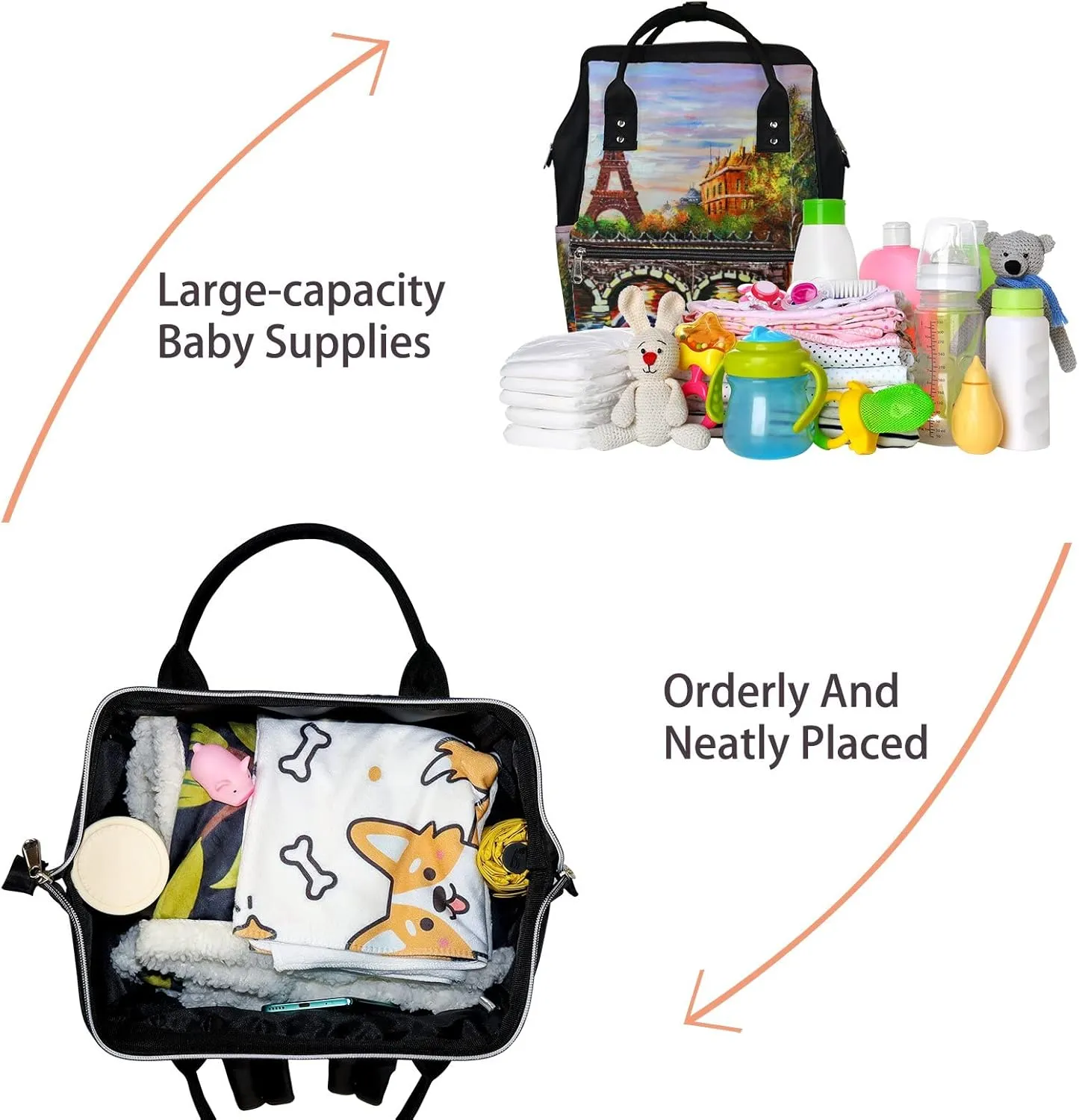 Orange Beautiful Eiffel Tower City View Diaper Bag Backpack, waterproof backpack Baby Nappy Changing Bags Laptop Backpack for Travel, Large Capacity, Durable and Stylish for Woman and Men.