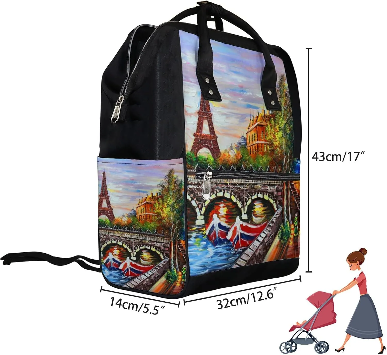 Orange Beautiful Eiffel Tower City View Diaper Bag Backpack, waterproof backpack Baby Nappy Changing Bags Laptop Backpack for Travel, Large Capacity, Durable and Stylish for Woman and Men.
