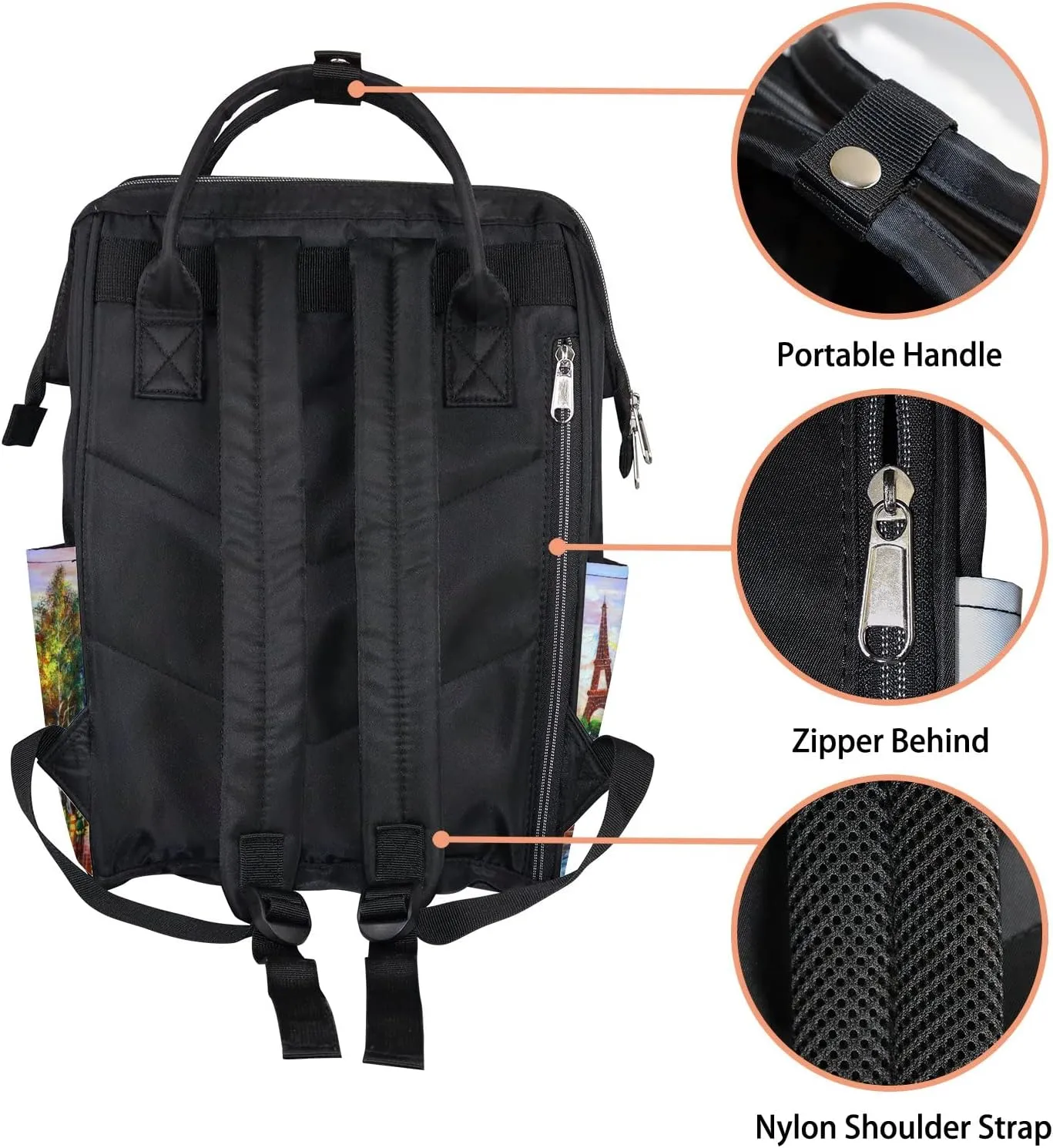 Orange Beautiful Eiffel Tower City View Diaper Bag Backpack, waterproof backpack Baby Nappy Changing Bags Laptop Backpack for Travel, Large Capacity, Durable and Stylish for Woman and Men.