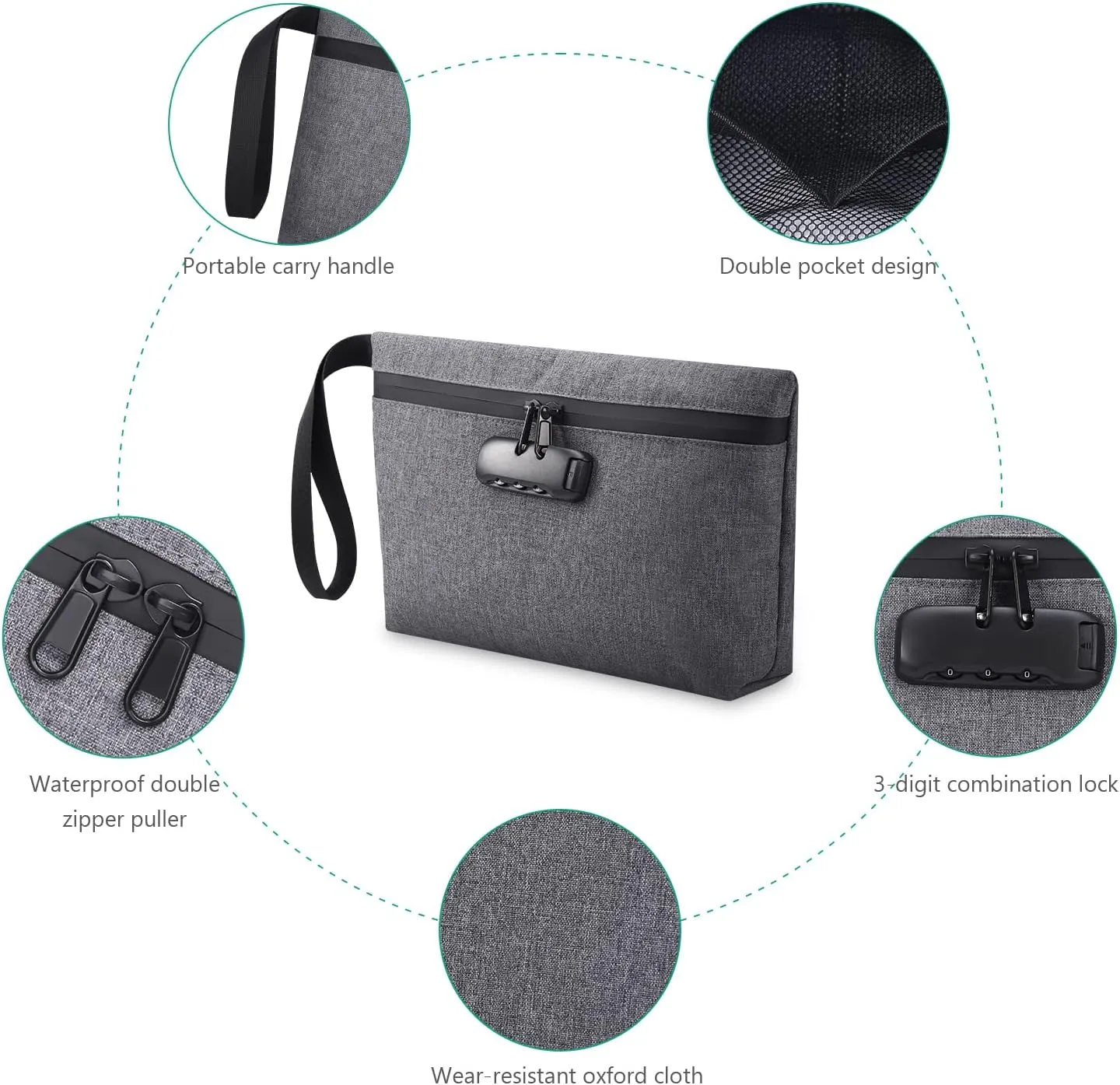 ORIA Lockable Money Bag - Waterproof, Zipper Closure, Gray - Holds Cash, Phone, Keys, Cards, Small Tools
