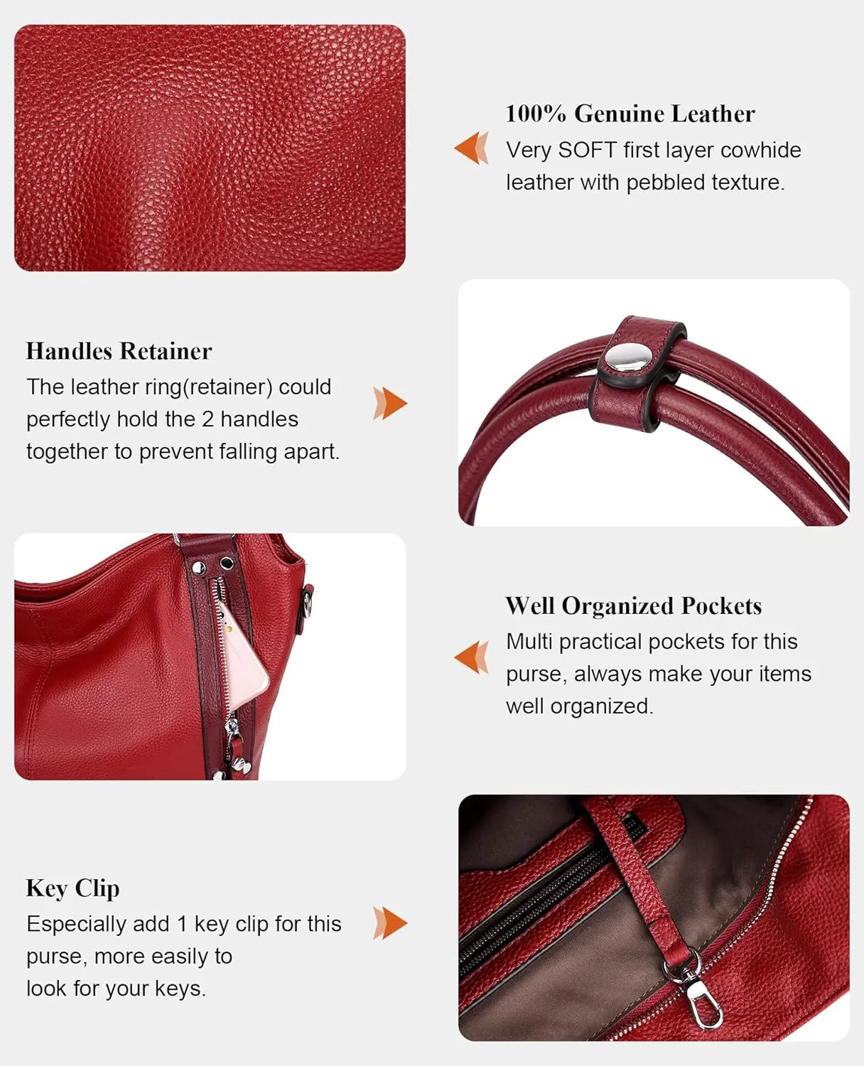 Over Earth Genuine Leather Handbags for Women Hobo Shoulder Bags Ladies Tote Bag
