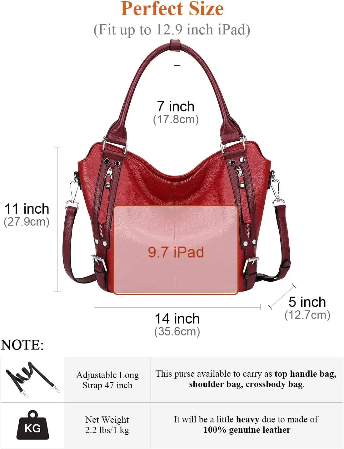 Over Earth Genuine Leather Handbags for Women Hobo Shoulder Bags Ladies Tote Bag