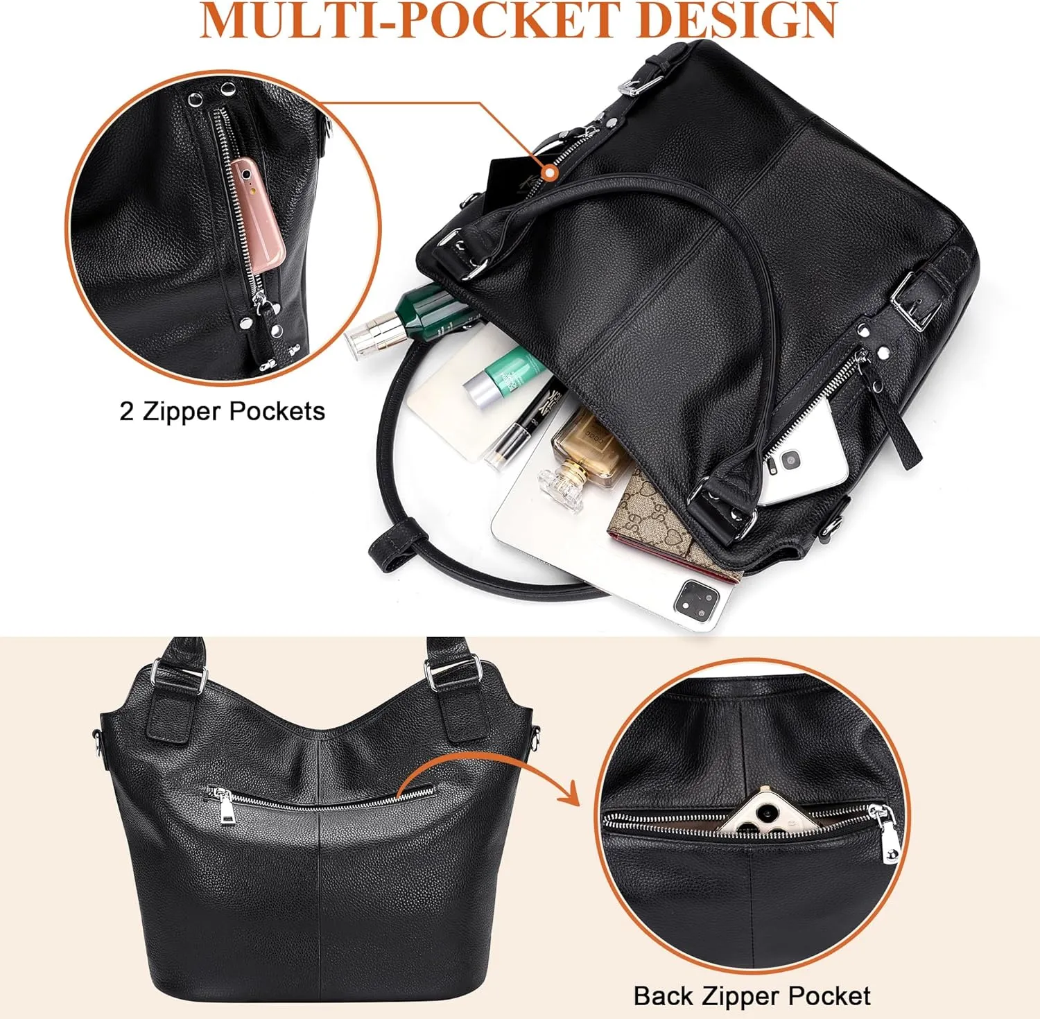 Over Earth Genuine Leather Handbags for Women Hobo Shoulder Bags Ladies Tote Bag