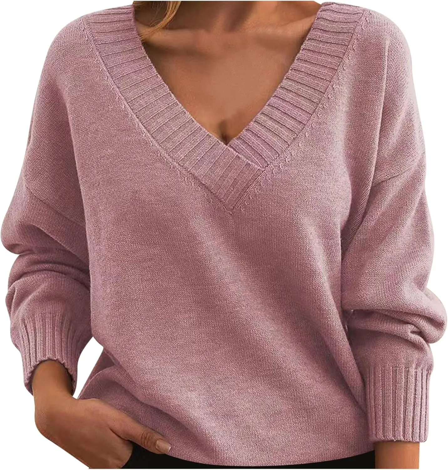 Oversized Long Sleeve v Neck Pullover Sweaters for Women Fall Fashion 2024 Dressy Casual Loose Soft Knit Sweater Tops