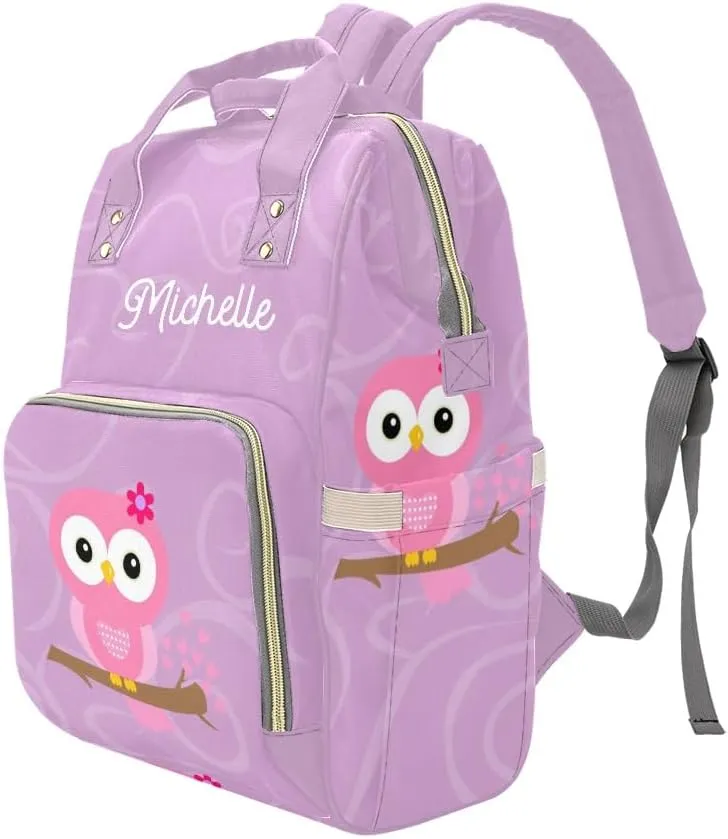 Owl Purple Circle Personalized Diaper Backpack Custom Name Multi Function Diaper Bag Travel Daypack Nursing Nappy Baby Bag