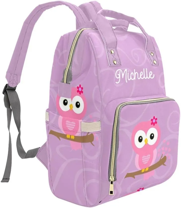 Owl Purple Circle Personalized Diaper Backpack Custom Name Multi Function Diaper Bag Travel Daypack Nursing Nappy Baby Bag