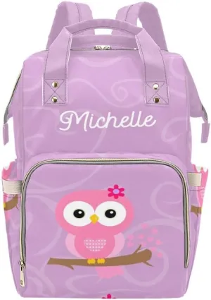 Owl Purple Circle Personalized Diaper Backpack Custom Name Multi Function Diaper Bag Travel Daypack Nursing Nappy Baby Bag