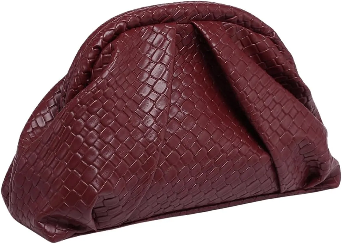 OYOANGLE Women's Minimalist Woven Leather Clutch Purses Textured Kiss Lock Pleated Vintage Evening Handbags