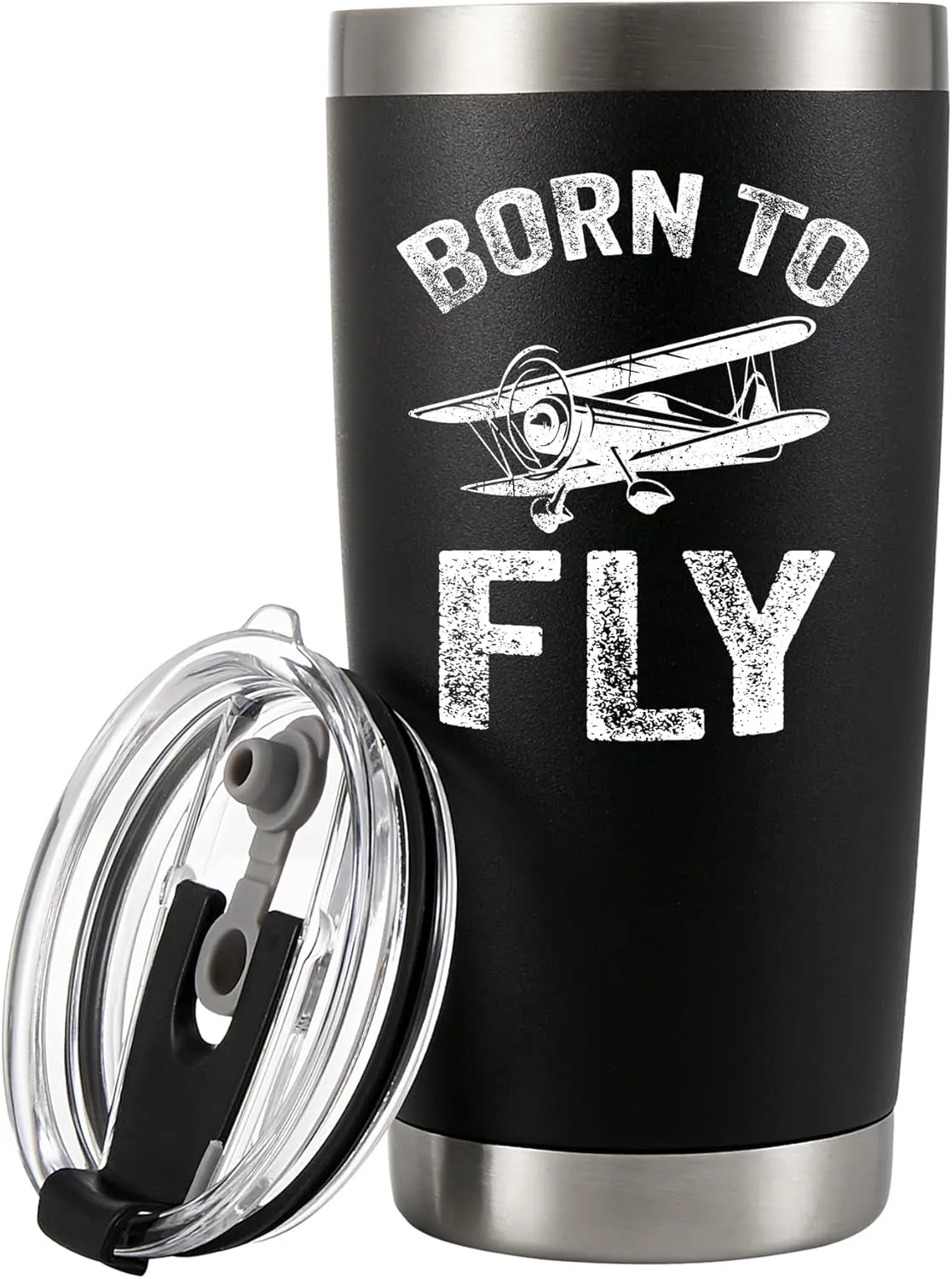 Panvola Born to Fly Pilot Gifts For Dad Husband Boyfriend Brother Aeronautics Aeronautical Student Vacuum Insulated Tumbler Stainless Steel Travel Mug with Lid and Straw 20 oz Black