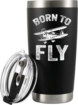 Panvola Born to Fly Pilot Gifts For Dad Husband Boyfriend Brother Aeronautics Aeronautical Student Vacuum Insulated Tumbler Stainless Steel Travel Mug with Lid and Straw 20 oz Black