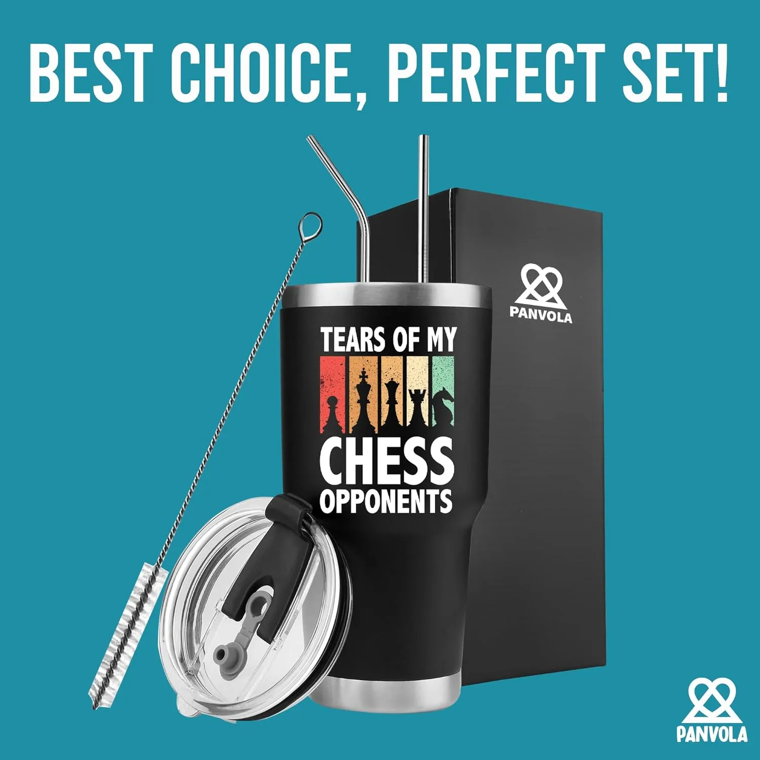 Panvola Tears Of My Chess Opponents Chess Gifts Player Coach for Dad Boyfriend Husband Brother Vacuum Insulated Tumbler Stainless Steel Travel Mug with Lid and Straw (Black, 30 oz)