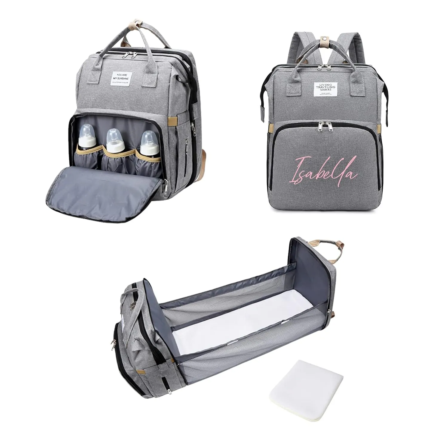 Personalized 3 in 1 Diaper Bag Backpack with Changing Station Multifunction Large Baby Diaper Bags for Boys & Girls Portable, Custom Lightweight Changing Bag Newborn Baby Essential Gifts (Light Blue)