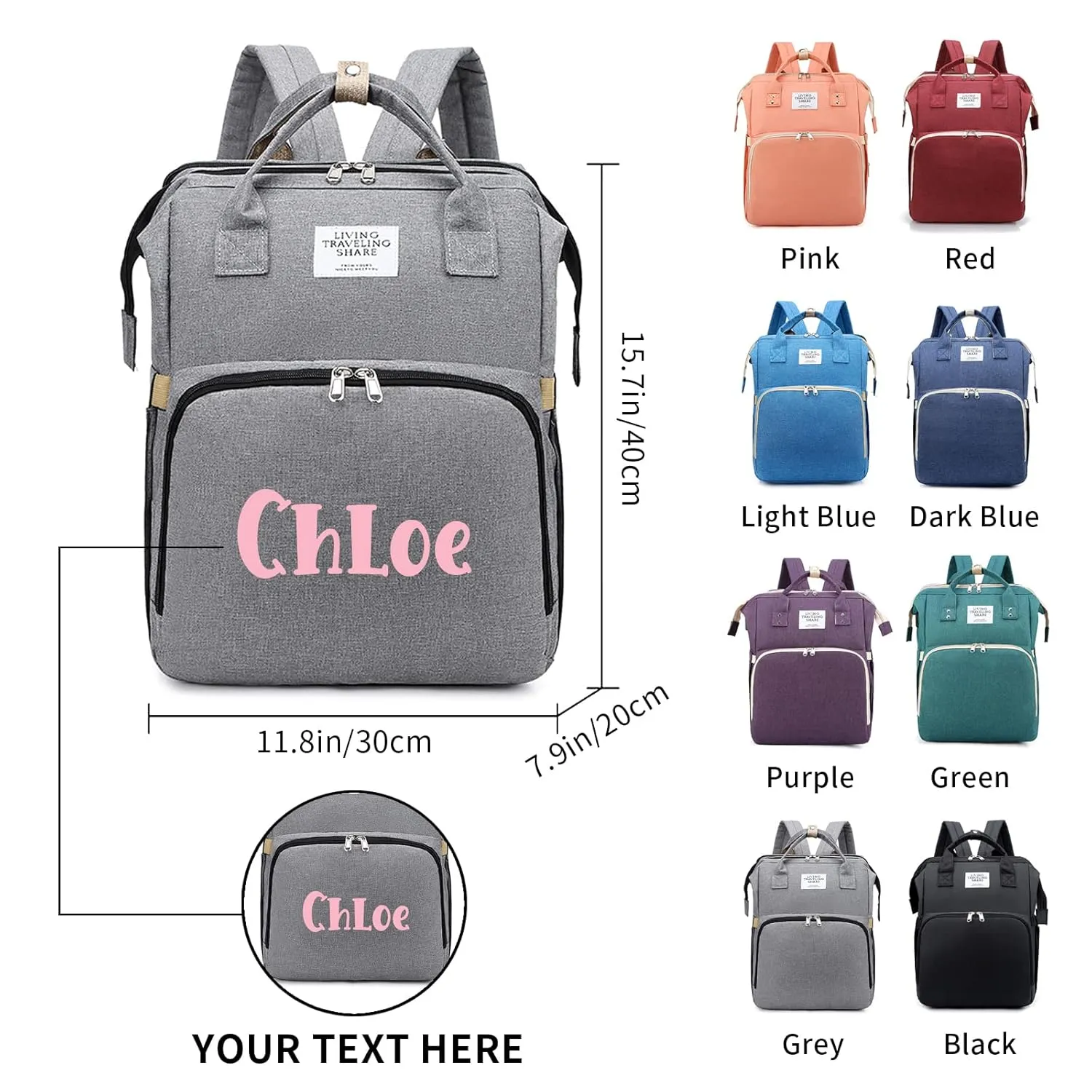 Personalized 3 in 1 Diaper Bag Backpack with Changing Station Multifunction Large Baby Diaper Bags for Boys & Girls Portable, Custom Lightweight Changing Bag Newborn Baby Essential Gifts (Light Blue)
