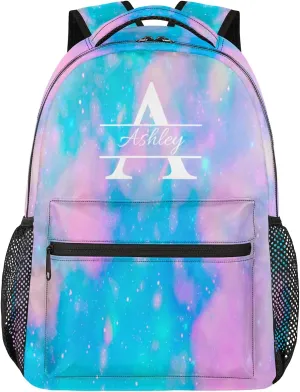 Personalized Backpack with Initial & Name Customized Shoulder Bag for Women Waterproof Travel Casual Daypack Gifts 16in, Blue Pink Glitter