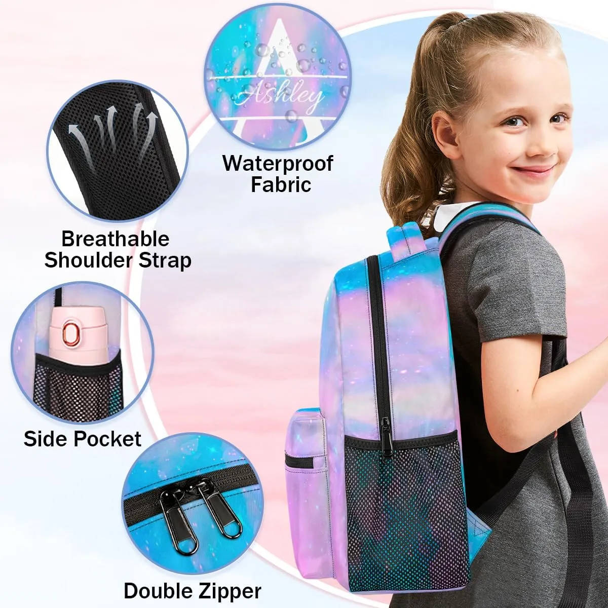 Personalized Backpack with Initial & Name Customized Shoulder Bag for Women Waterproof Travel Casual Daypack Gifts 16in, Blue Pink Glitter