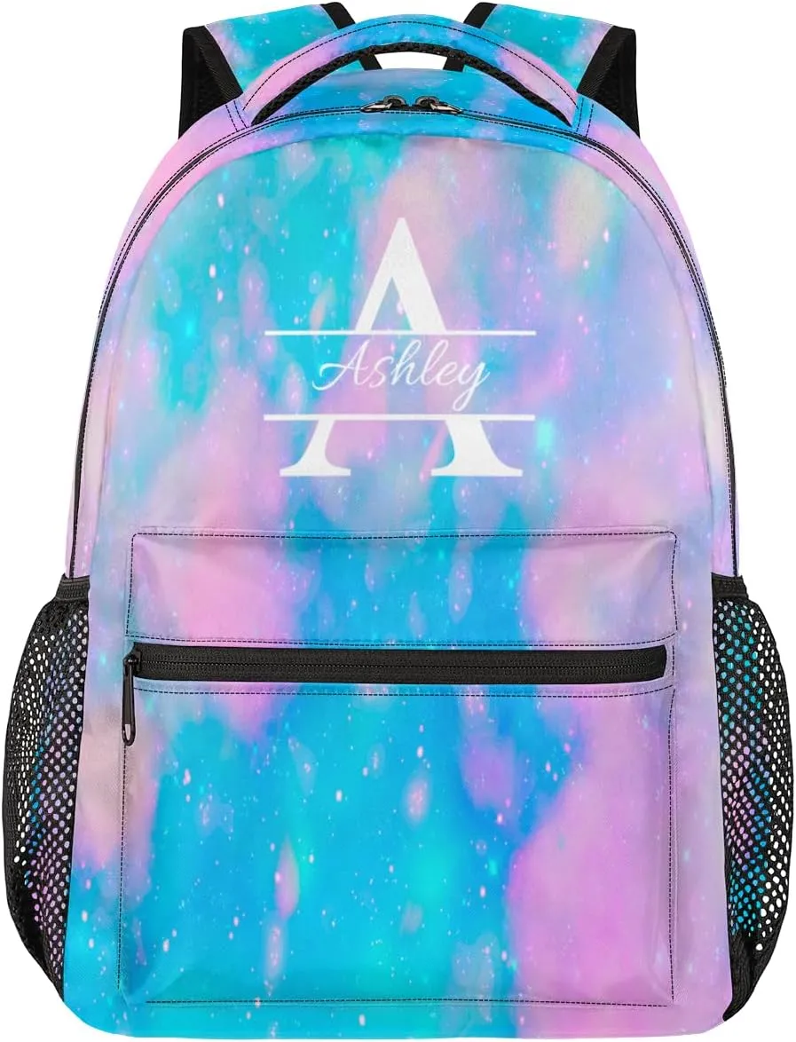 Personalized Backpack with Initial & Name Customized Shoulder Bag for Women Waterproof Travel Casual Daypack Gifts 16in, Blue Pink Glitter