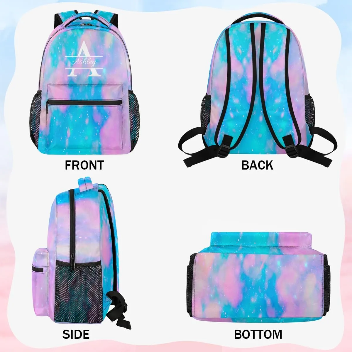 Personalized Backpack with Initial & Name Customized Shoulder Bag for Women Waterproof Travel Casual Daypack Gifts 16in, Blue Pink Glitter