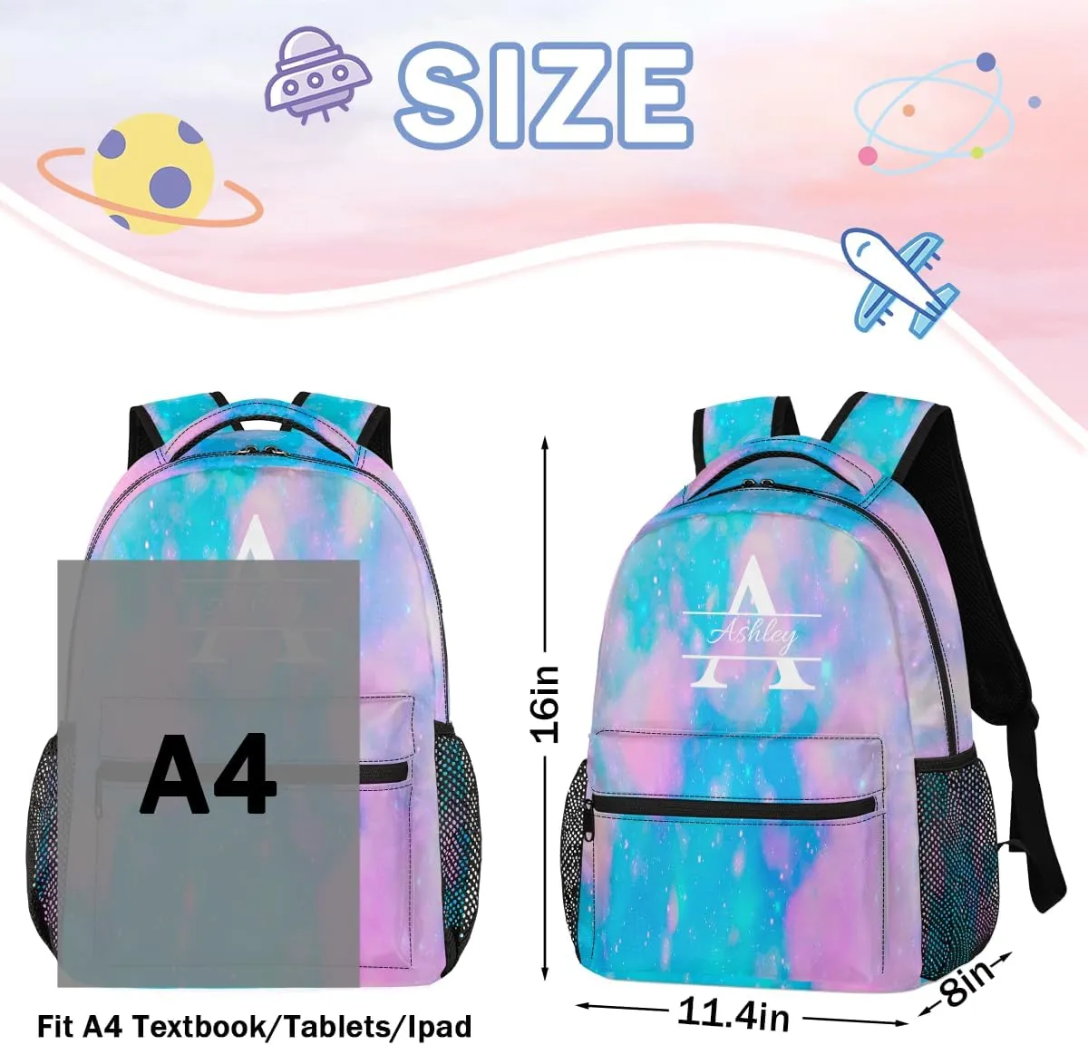 Personalized Backpack with Initial & Name Customized Shoulder Bag for Women Waterproof Travel Casual Daypack Gifts 16in, Blue Pink Glitter
