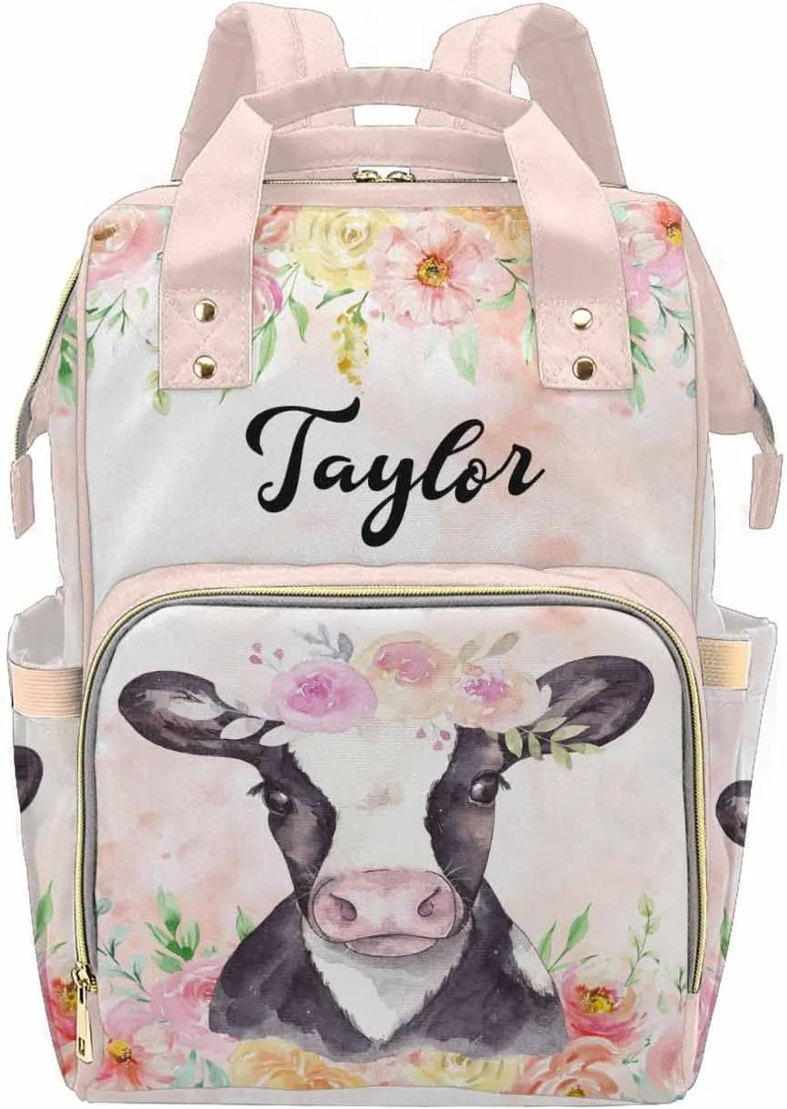 Personalized Cute Baby Diaper Bag with Animal for New Mom, Customized Name Mommy Nursing Backpack Multifunction Travel Daypack for Mother's Day