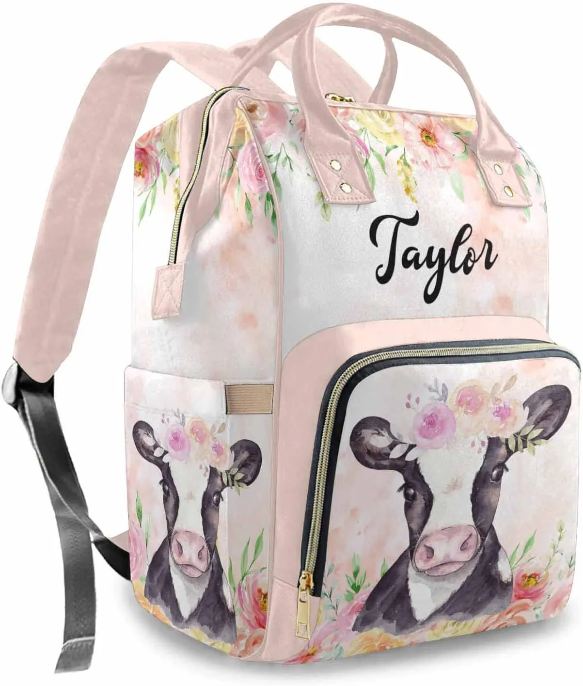 Personalized Cute Baby Diaper Bag with Animal for New Mom, Customized Name Mommy Nursing Backpack Multifunction Travel Daypack for Mother's Day
