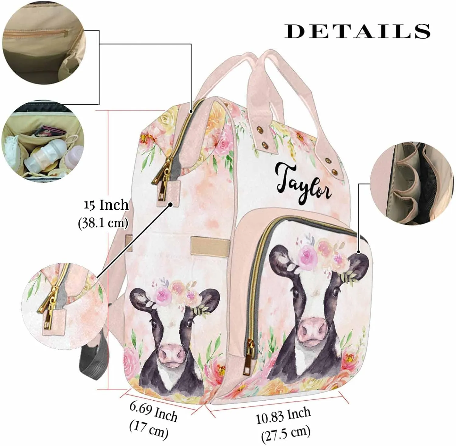 Personalized Cute Baby Diaper Bag with Animal for New Mom, Customized Name Mommy Nursing Backpack Multifunction Travel Daypack for Mother's Day