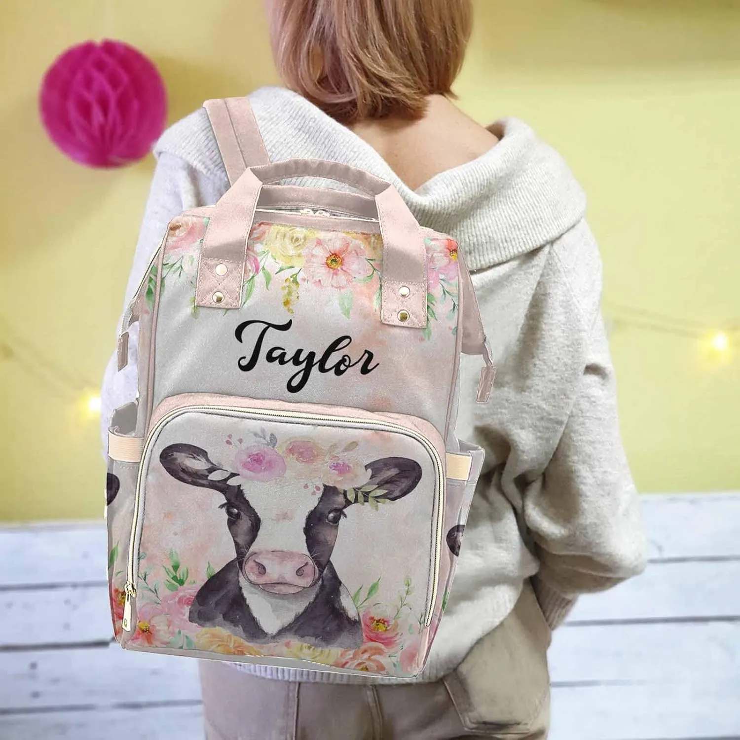 Personalized Cute Baby Diaper Bag with Animal for New Mom, Customized Name Mommy Nursing Backpack Multifunction Travel Daypack for Mother's Day