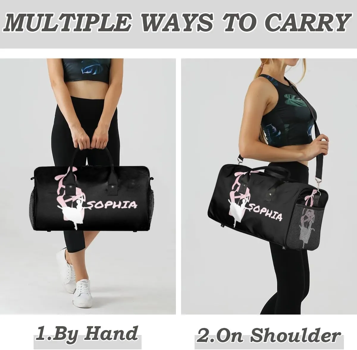 Personalized Dance Bag with Name, Custom Ballet Duffle Bag for Women, Gym Travel Bag Carry On Tote Weekender Overnight Bags Black Background