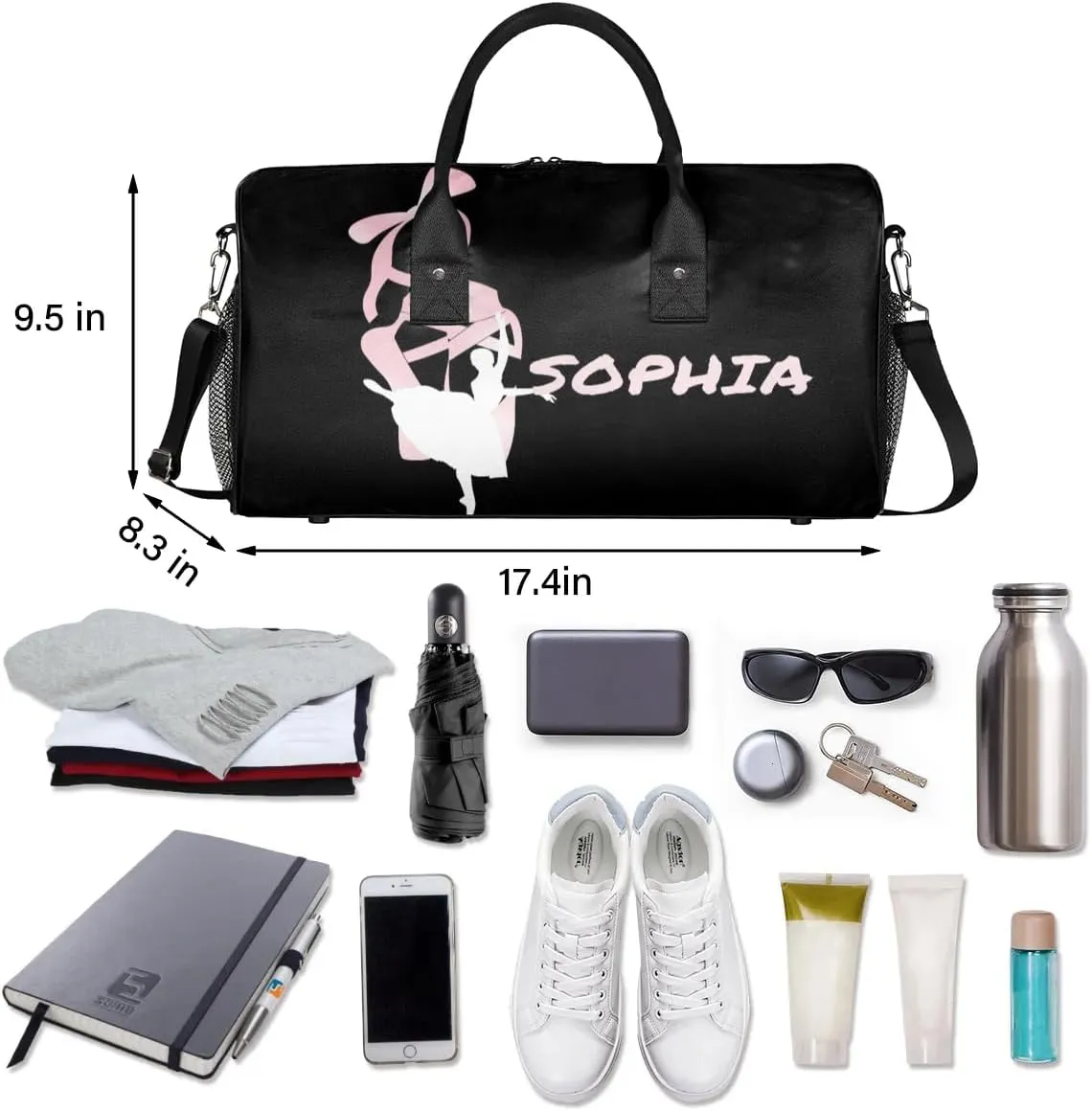 Personalized Dance Bag with Name, Custom Ballet Duffle Bag for Women, Gym Travel Bag Carry On Tote Weekender Overnight Bags Black Background