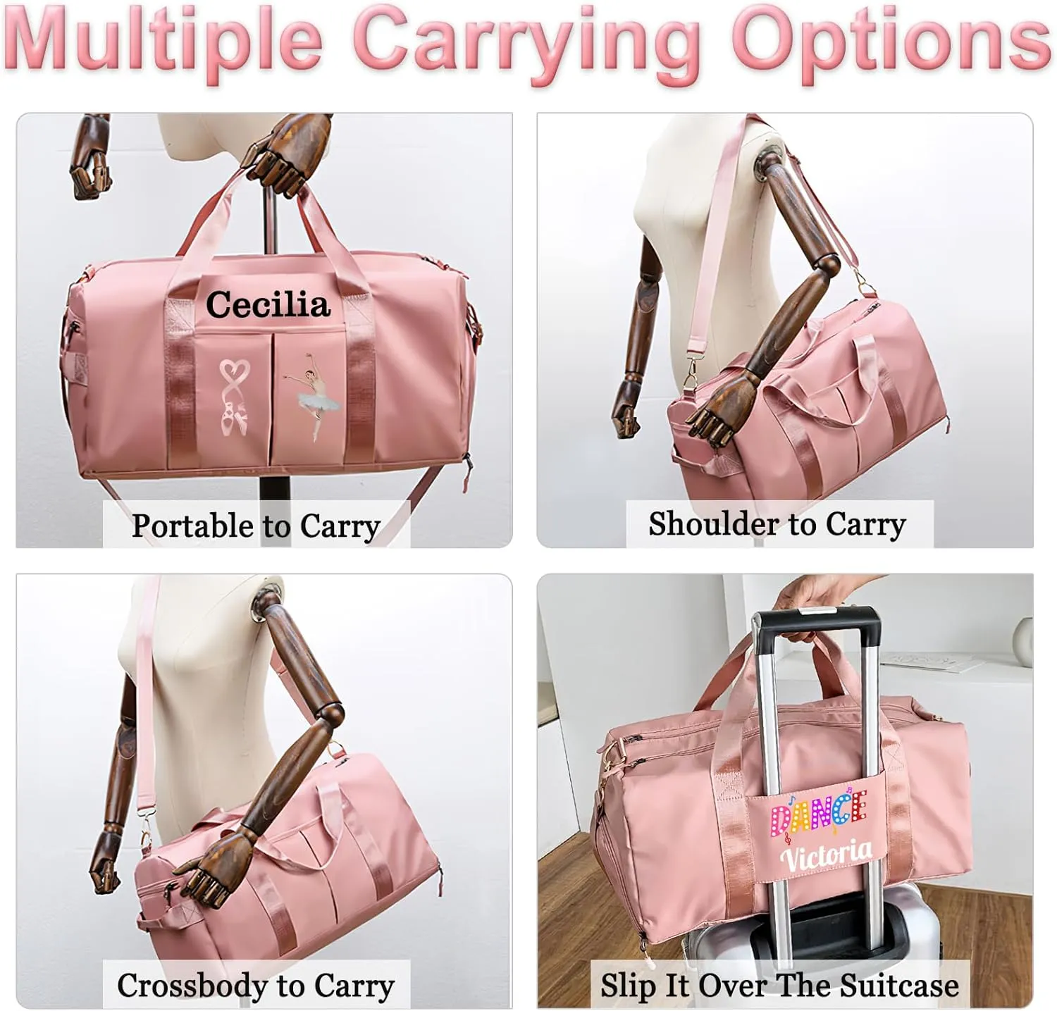 Personalized Dance Duffle Bag Printed Name Text Photo for Women Girls Custom Sport Gym Travel Bags Customized Dry Wet Separated Overnight Weekender Waterproof Bag Gift-Beige