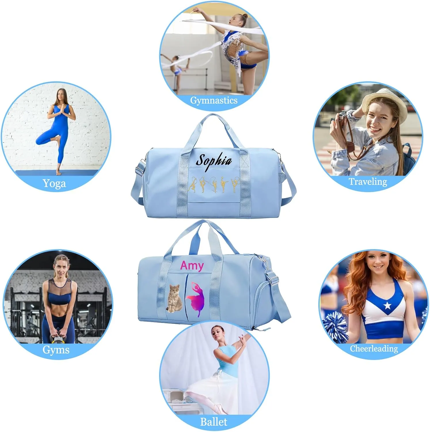 Personalized Dance Duffle Bag Printed Name Text Photo for Women Girls Custom Sport Gym Travel Bags Customized Dry Wet Separated Overnight Weekender Waterproof Bag Gift-Beige