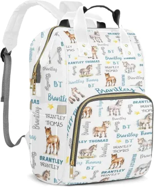 Personalized Diaper Backpack with Name, Custom Horse Baby Backpack Diaper Bag, Boy Girl Multifunctional Mommy Bag
