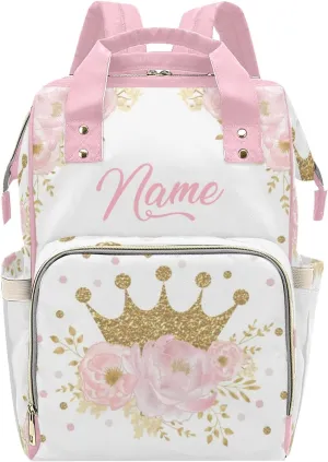 Personalized Diaper Bag Backpack - Baby Girl Diaper Bag Backpack for Dad Boy Men with Name - Pink Floral Gold Crown Princess