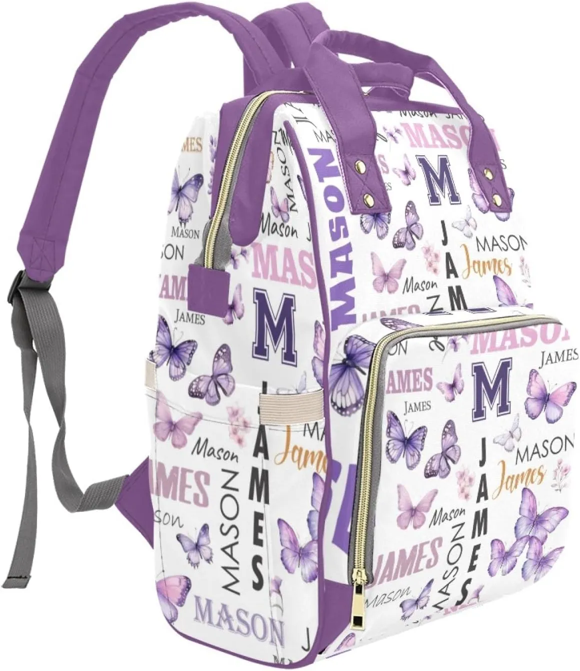 Personalized Diaper Bag Backpack for Women, Custom Name Nursing Mommy Daypack, Diaper Bag for Boys Girls, New Mom Gifts (Butterfly Purple)
