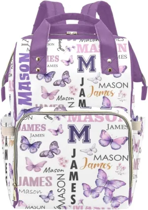 Personalized Diaper Bag Backpack for Women, Custom Name Nursing Mommy Daypack, Diaper Bag for Boys Girls, New Mom Gifts (Butterfly Purple)