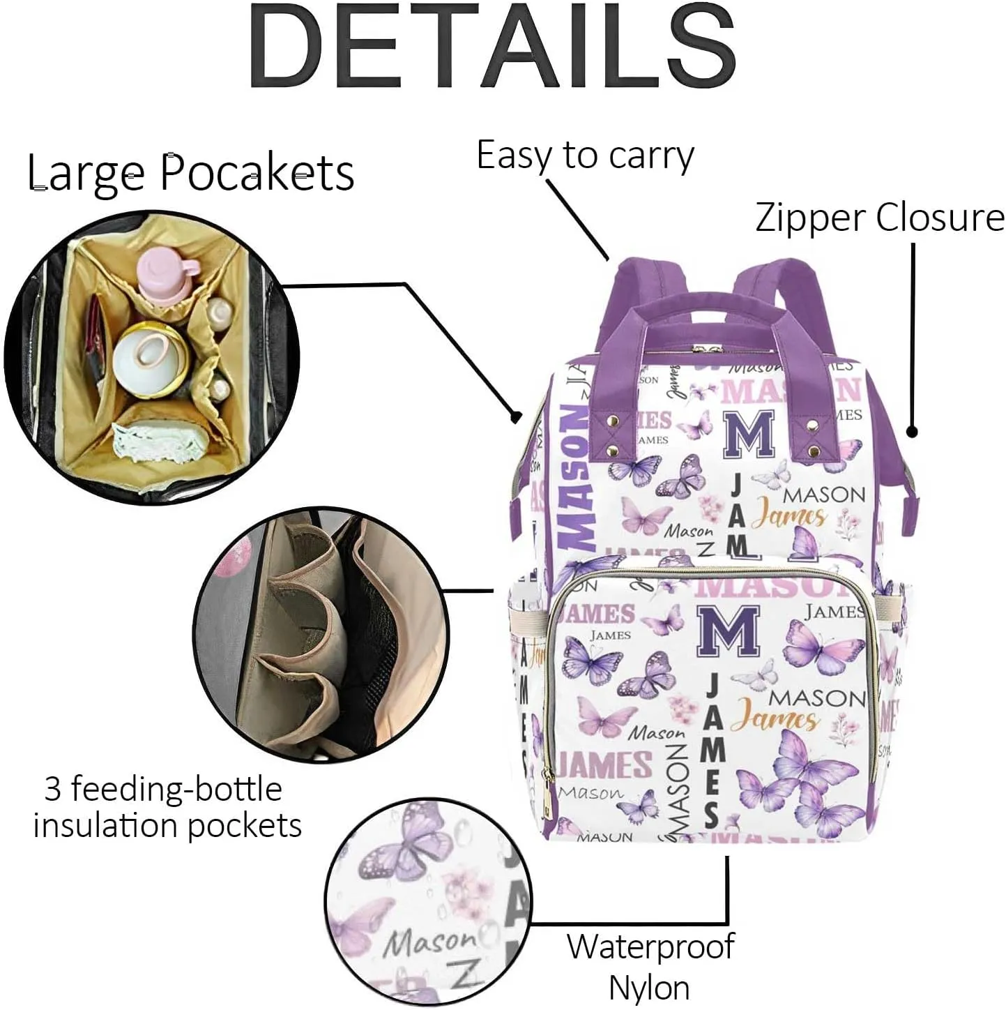 Personalized Diaper Bag Backpack for Women, Custom Name Nursing Mommy Daypack, Diaper Bag for Boys Girls, New Mom Gifts (Butterfly Purple)