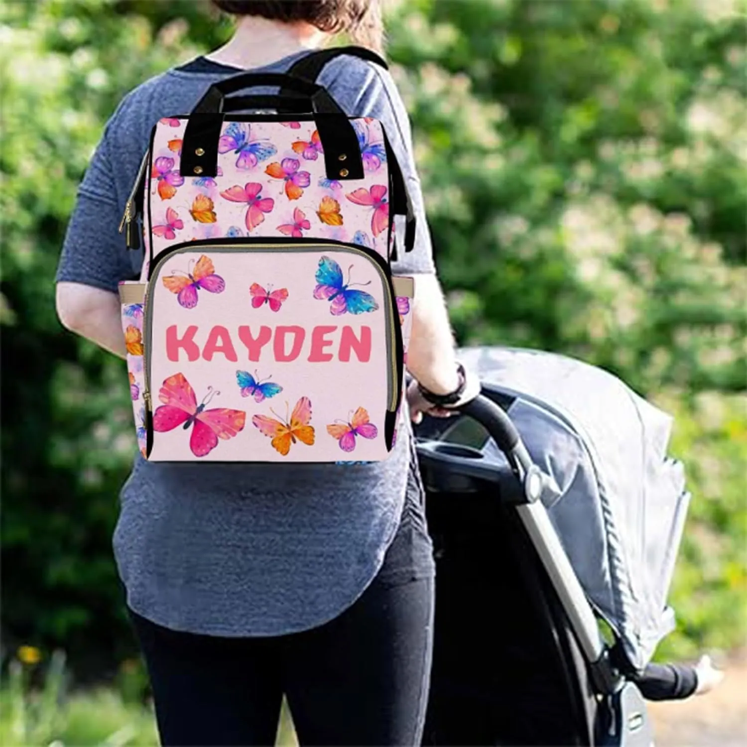 Personalized Diaper Bag Backpack with Name Custom Butterfly Pattern Monogram Backpack Travel Outdoor Mommy Bag Customized Gift for Newborn Baby Boys Girls Father's Day Mother's Day Christmas Birthday