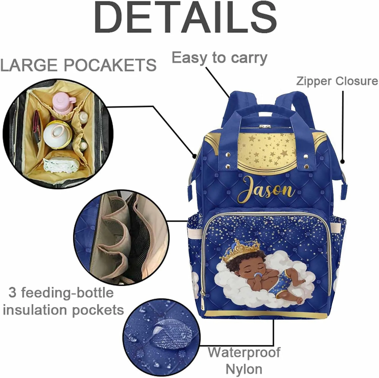 Personalized Diaper Bag Mommy Bag with Multi-function Shoulders Outdoor Backpack for Newborn Baby Boy Crown, Customized Nappy Backpack with Thermal Pockets Nursing Bags for New Year