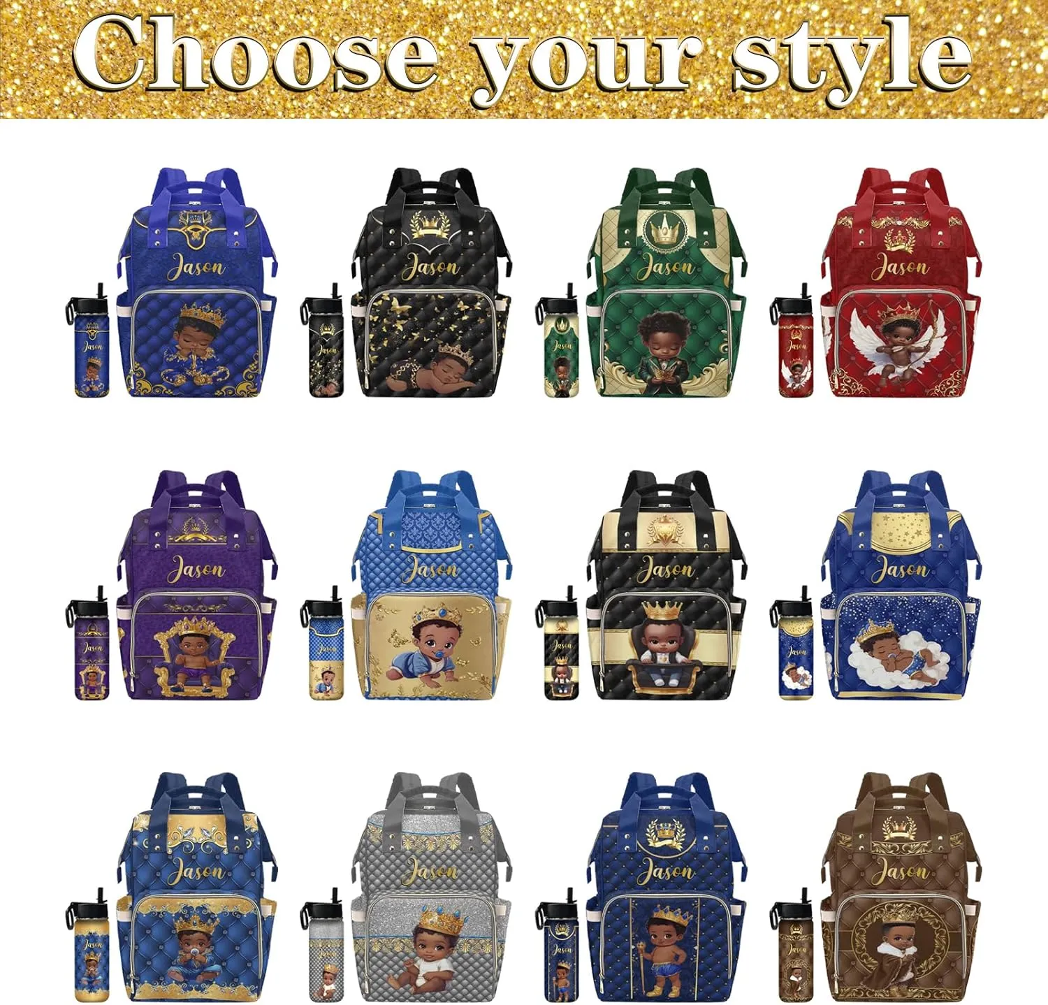 Personalized Diaper Bag Mommy Bag with Multi-function Shoulders Outdoor Backpack for Newborn Baby Boy Crown, Customized Nappy Backpack with Thermal Pockets Nursing Bags for New Year