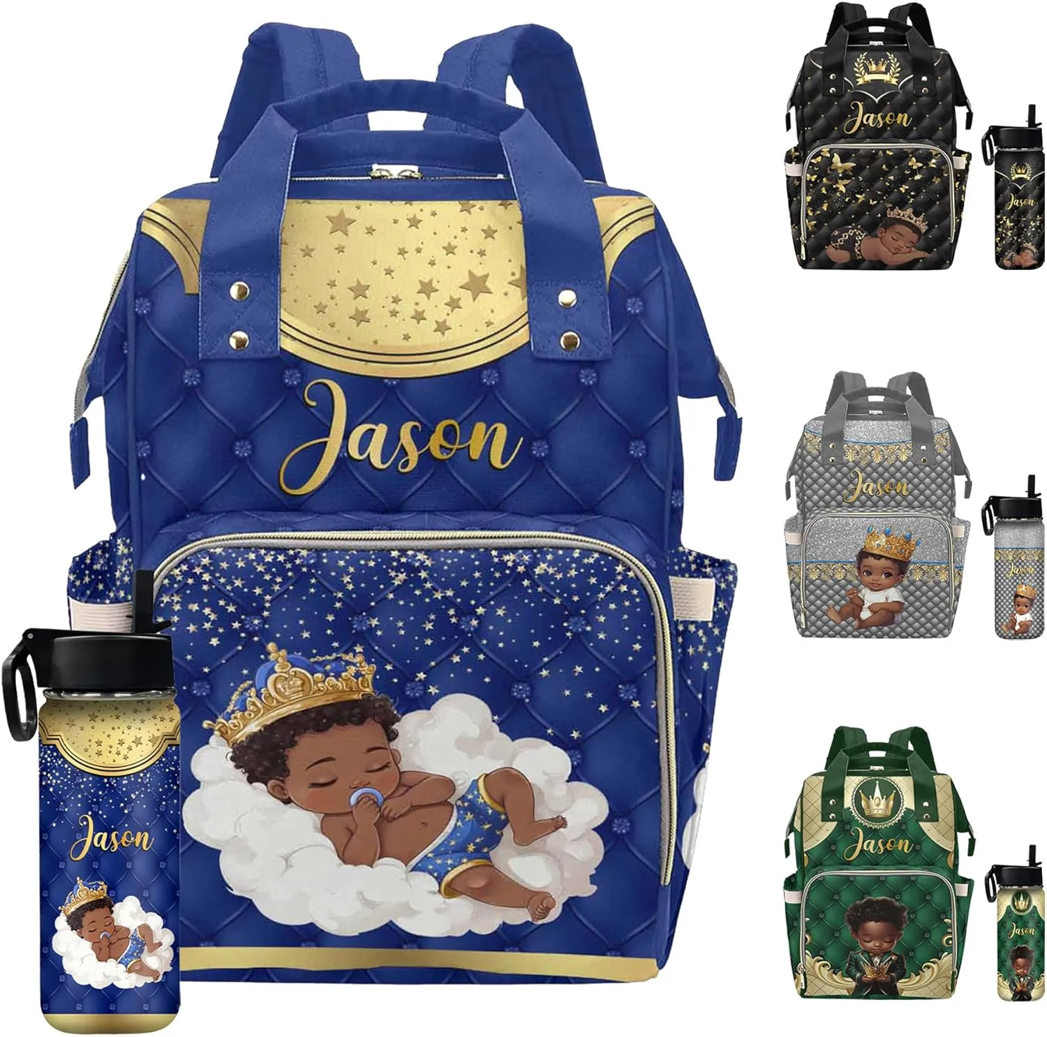 Personalized Diaper Bag Mommy Bag with Multi-function Shoulders Outdoor Backpack for Newborn Baby Boy Crown, Customized Nappy Backpack with Thermal Pockets Nursing Bags for New Year