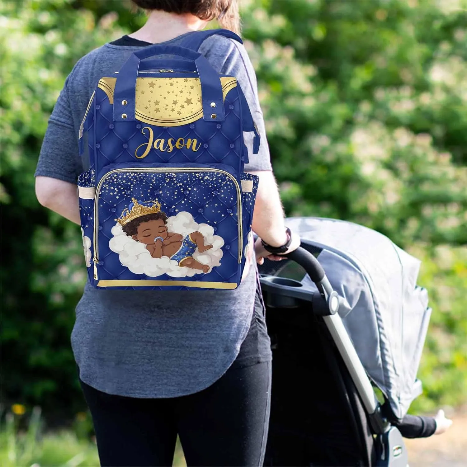 Personalized Diaper Bag Mommy Bag with Multi-function Shoulders Outdoor Backpack for Newborn Baby Boy Crown, Customized Nappy Backpack with Thermal Pockets Nursing Bags for New Year