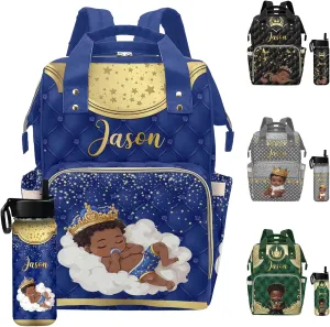 Personalized Diaper Bag Mommy Bag with Multi-function Shoulders Outdoor Backpack for Newborn Baby Boy Crown, Customized Nappy Backpack with Thermal Pockets Nursing Bags for New Year