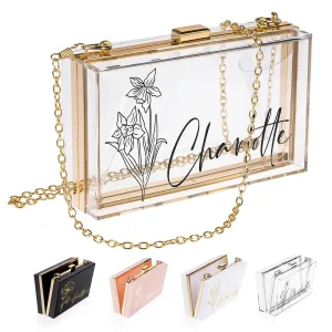 Personalized Gifts for Women, Personalized Purse with Birth Flower and Name Acrylic Clear and Golden Frame Clutch Bag, Birthday Gifts for Women Handbag with Removable Chain